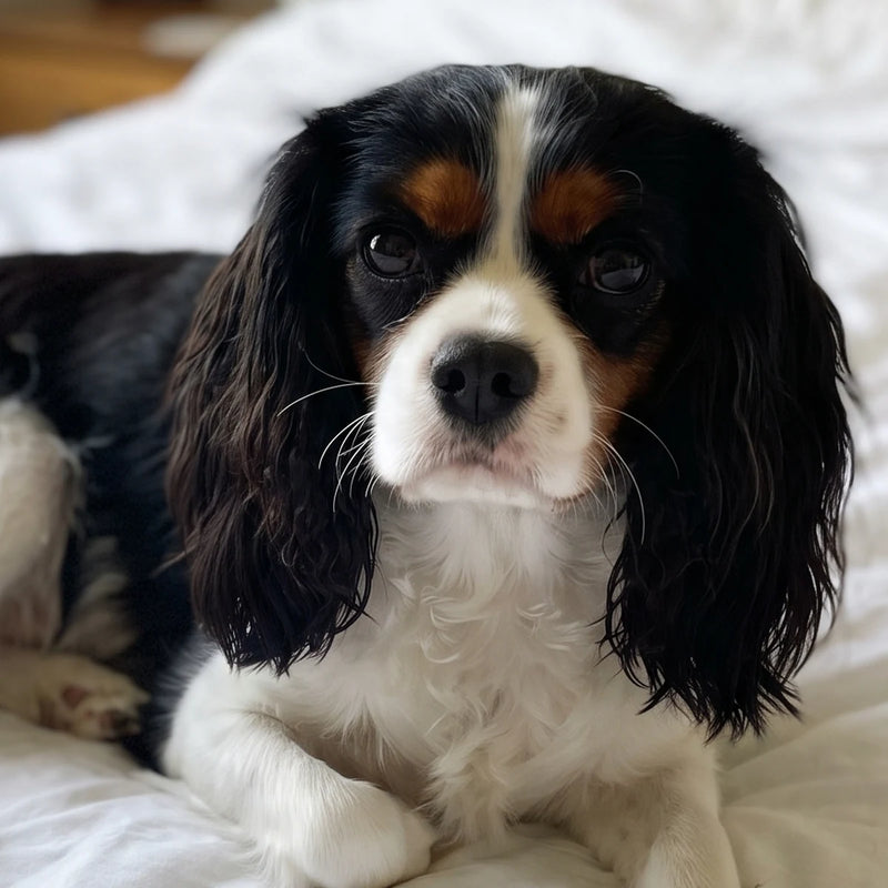Photo de téléphone d'un cavalier king charles sur un lit, idéale pour un portrait personnalisé