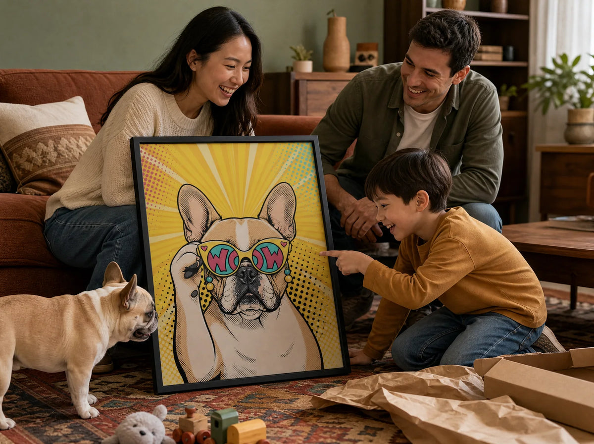 Famille découvrant au déballage le portrait pop art de leur bouledogue français