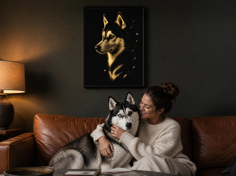 Husky sous son portrait Nocturne doré encadré, dans un salon chaleureux et sombre