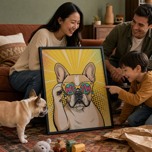 Portrait pop art personnalisé d'un bouledogue français encadré, moment en famille