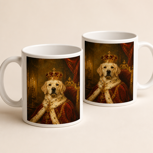 Mug personnalisé Pachinu en céramique blanche 325 ml, portrait royal d'un golden retriever imprimé des deux côtés