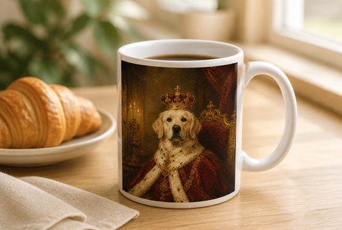 Mug personnalisé Pachinu avec portrait d'animal sur une table de petit déjeuner