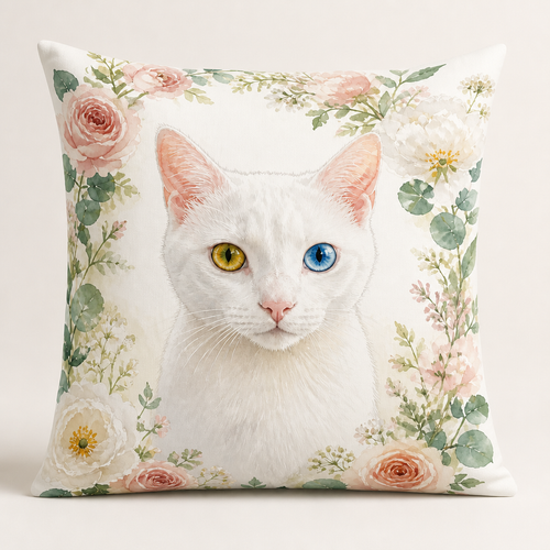 Coussin personnalisé, portrait aquarelle d'un chat blanc dans une couronne de fleurs