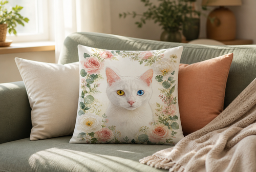 Coussin personnalisé Pachinu avec portrait de chat sur un canapé sauge