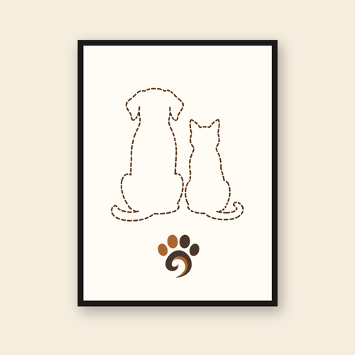 Cadre noir avec silhouettes de chien et chat en pointillés et patte Pachinu, votre portrait personnalisé à venir
