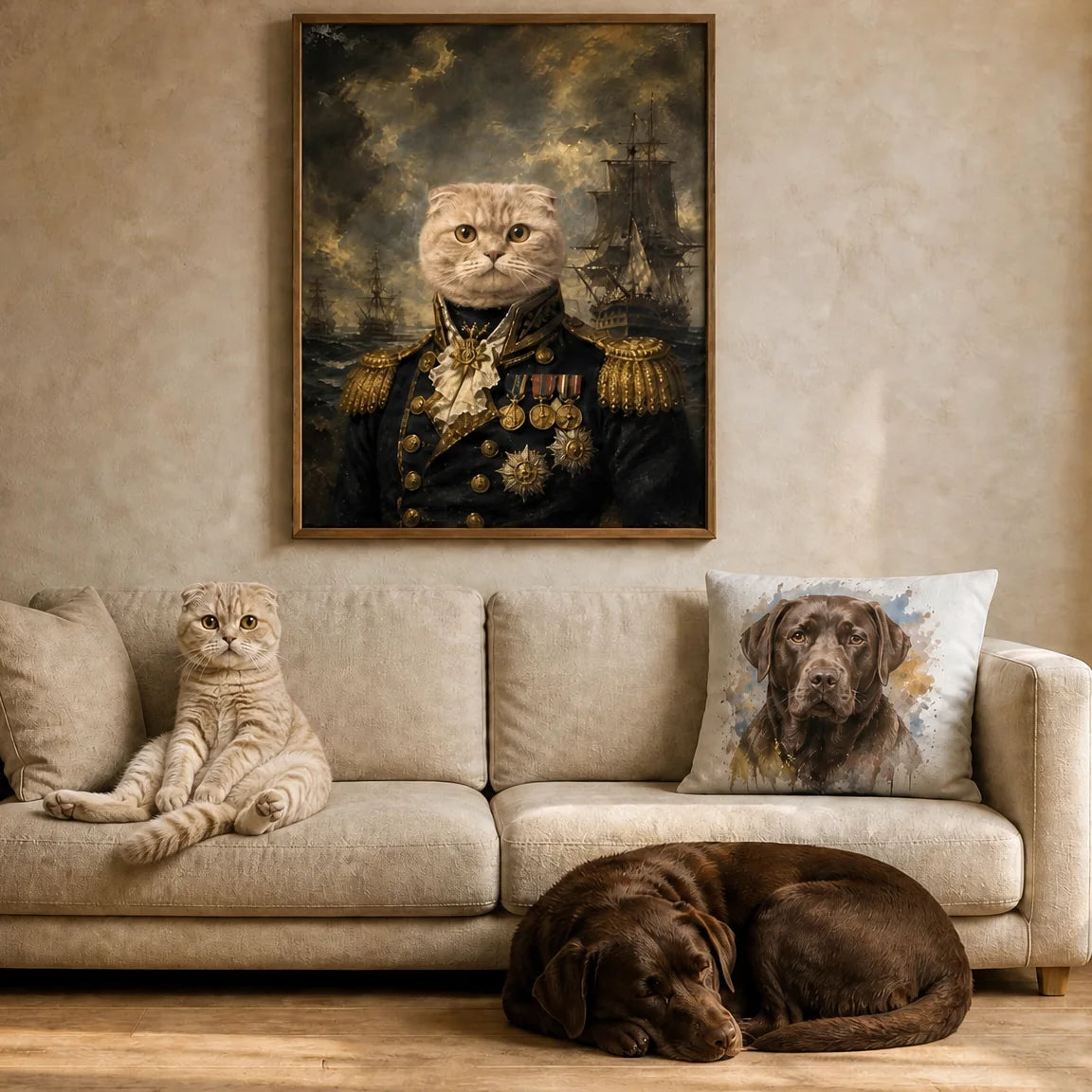 Portrait d'un chat Scottish Fold en amiral encadré au-dessus d'un canapé, le chat assis à gauche, un coussin au portrait aquarelle du labrador chocolat qui dort par terre