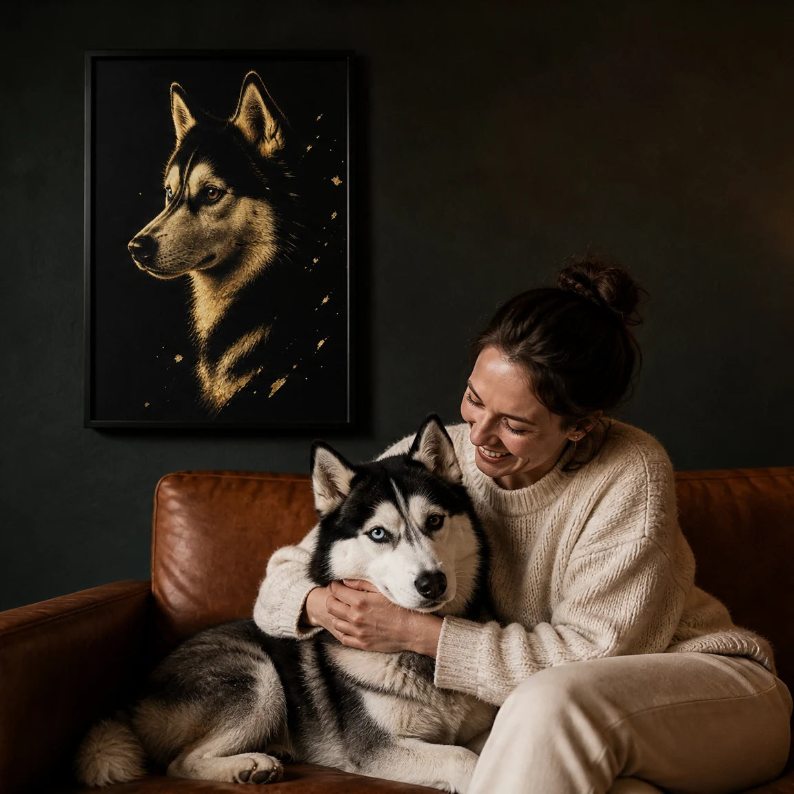 Femme câlinant son husky dans un salon chaleureux et sombre, sous son portrait Nocturne doré encadré au mur