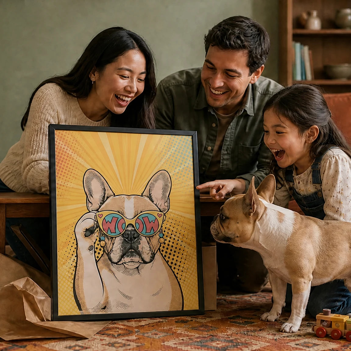 Famille riant en découvrant le portrait pop-art WOW de leur bouledogue français fraîchement déballé