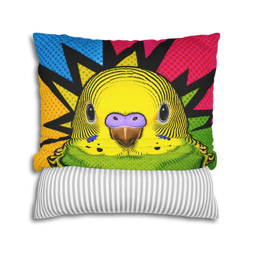 Housse de coussin personnalisée, motif pop art d'une perruche, glissee sur un coussin
